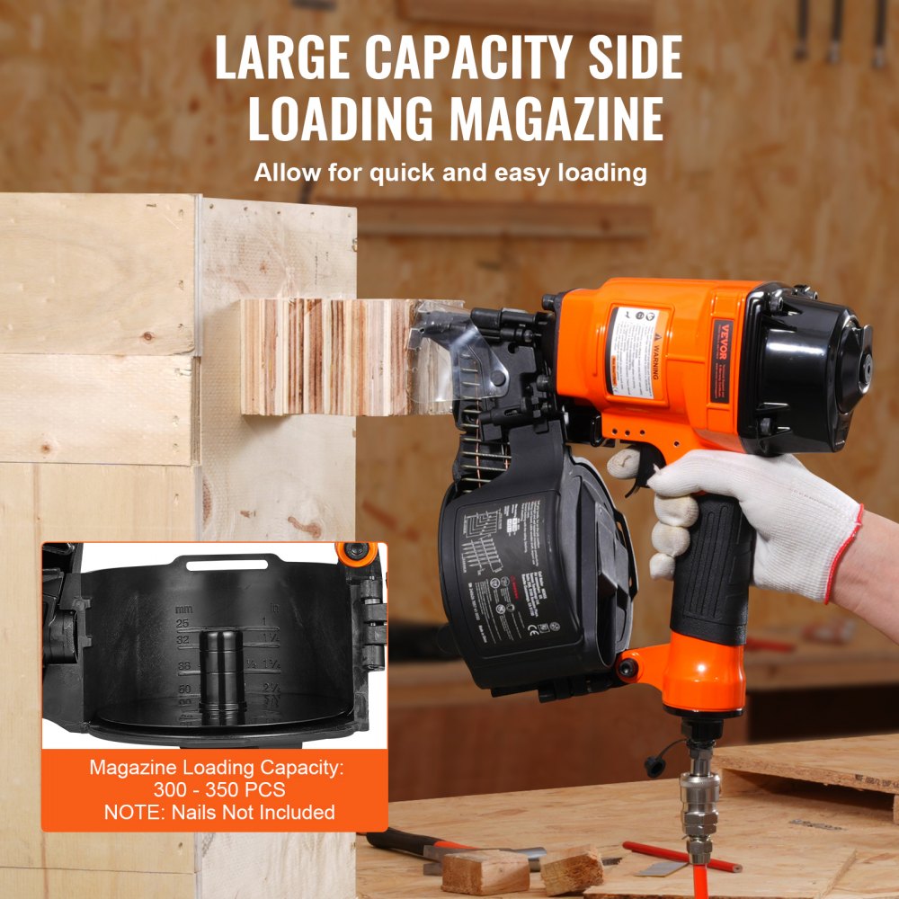 An orange Bostome MCN55 coil siding nailer is held by a gloved hand, with a close-up of its side-loading magazine.