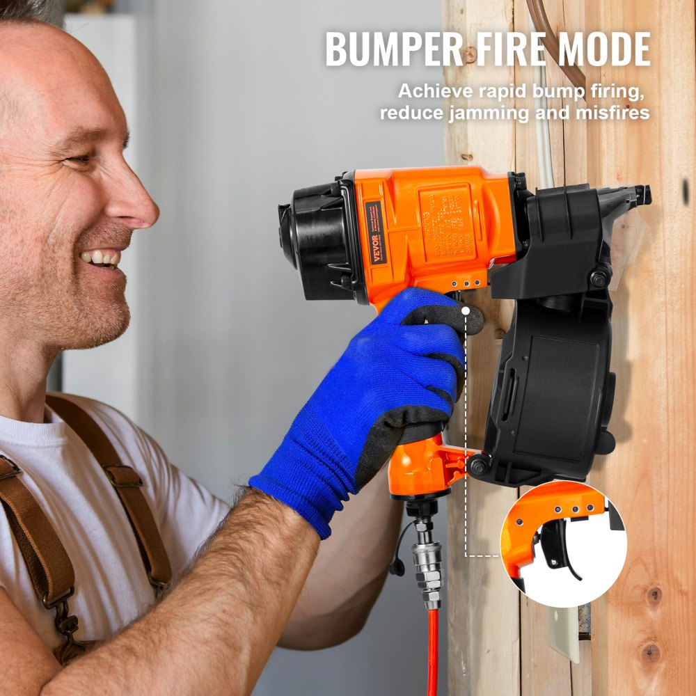 A man uses an orange Bostome MCN55 coil siding nailer on a wooden wall.