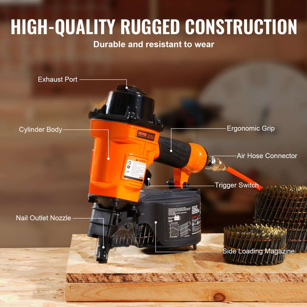 Orange pneumatic 15-degree coil siding nailer with ergonomic grip, side-loading magazine, and labeled parts on wooden surface.