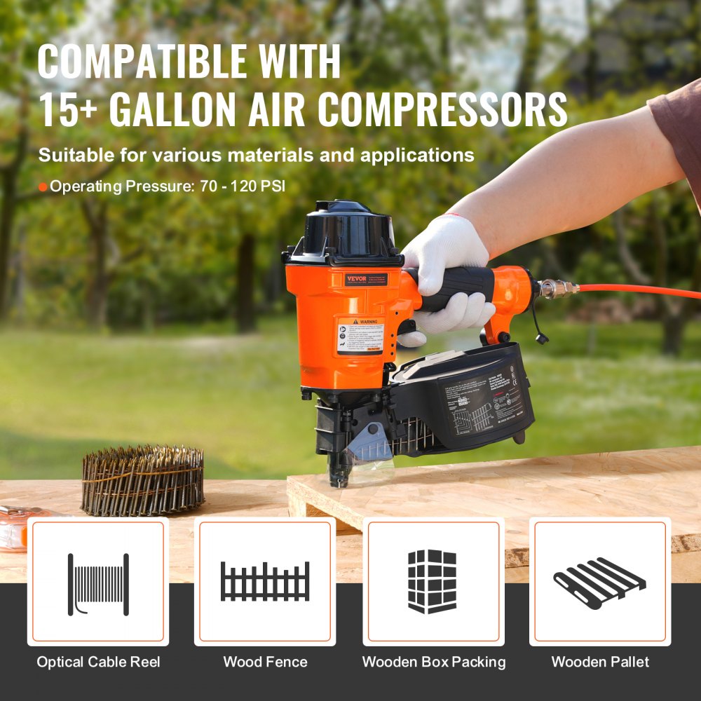 Orange Bostome MCN55 pneumatic coil siding nailer held by gloved hand, loading nails for 15+ gallon air compressors.