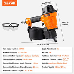 Orange Bostome MCN55 pneumatic coil siding nailer with 15-degree magazine and safety glasses.