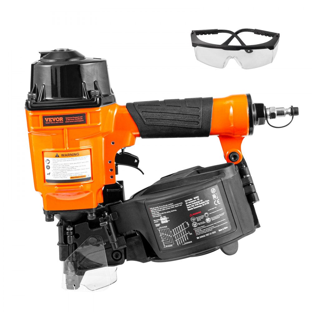 Orange Bostome MCN55 15-degree coil siding nailer with safety glasses.