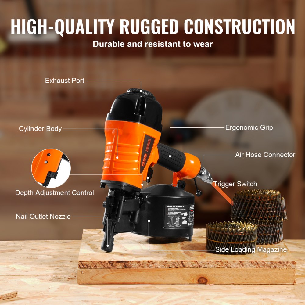 Bostome CN65 coil siding nailer with tool-free depth adjustment and ergonomic grip.