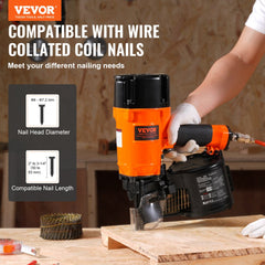 Orange Bostome CN83N 15-degree coil siding nailer held by gloved hand, compatible with 2 to 3-1/4 inch wire-collated nails.