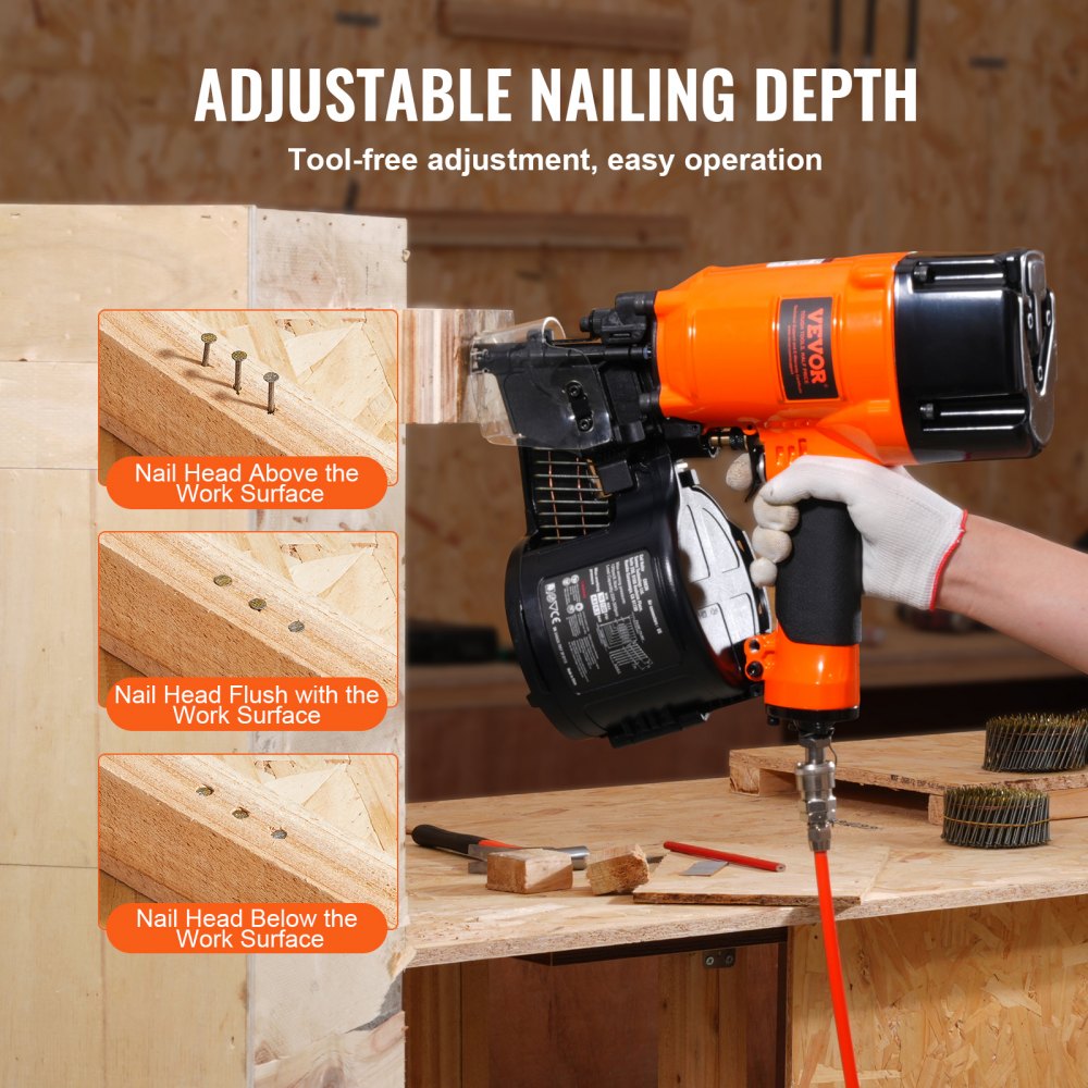 Orange Bostome CN83N pneumatic coil siding nailer with adjustable depth settings shown on wood.