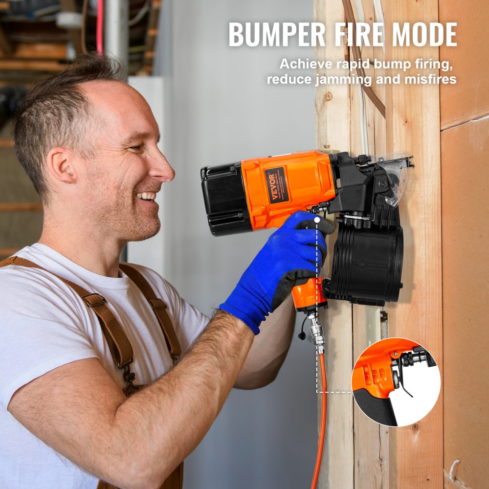 Man using Bostome CN83N pneumatic siding nailer in bumper fire mode on wood.