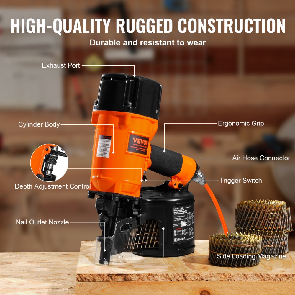 Orange Bostome CN83N pneumatic coil siding nailer with labeled parts like exhaust port and depth adjustment, shown with nails on a workbench.