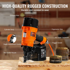 Orange Bostome CN83N pneumatic coil siding nailer with labeled parts like exhaust port and depth adjustment, shown with nails on a workbench.