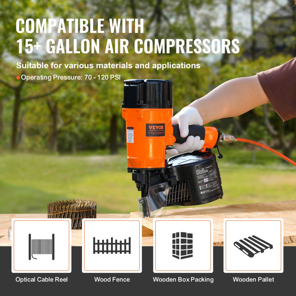 Orange Bostome CN83N 15-degree coil siding nailer held by gloved hand, compatible with 15+ gallon air compressors.
