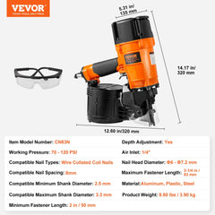 Orange Bostome CN83N pneumatic coil siding nailer with depth adjustment, 15-degree magazine, and safety glasses.