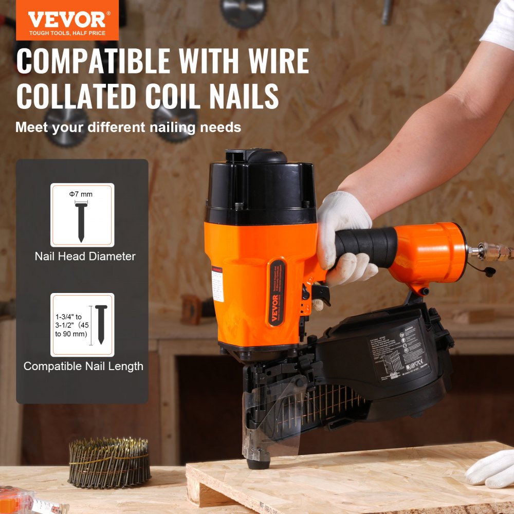 Orange Bostome MCN90 15-degree coil framing nailer held by gloved hand, with compatible coil nails shown.
