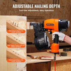 Orange Bostome MCN90 coil framing nailer with adjustable depth settings for nails above, flush, and below work surface.