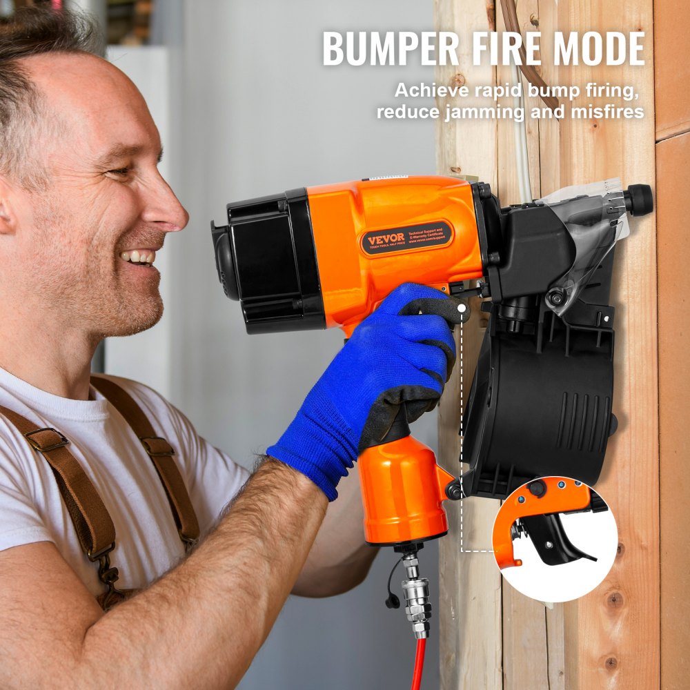 Man using orange Bostome MCN90 coil framing nailer on wood in bump-fire mode.