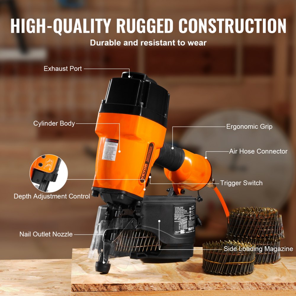 Orange Bostome MCN90 15-degree coil framing nailer with ergonomic grip, exhaust port, and coil nails on a workbench.