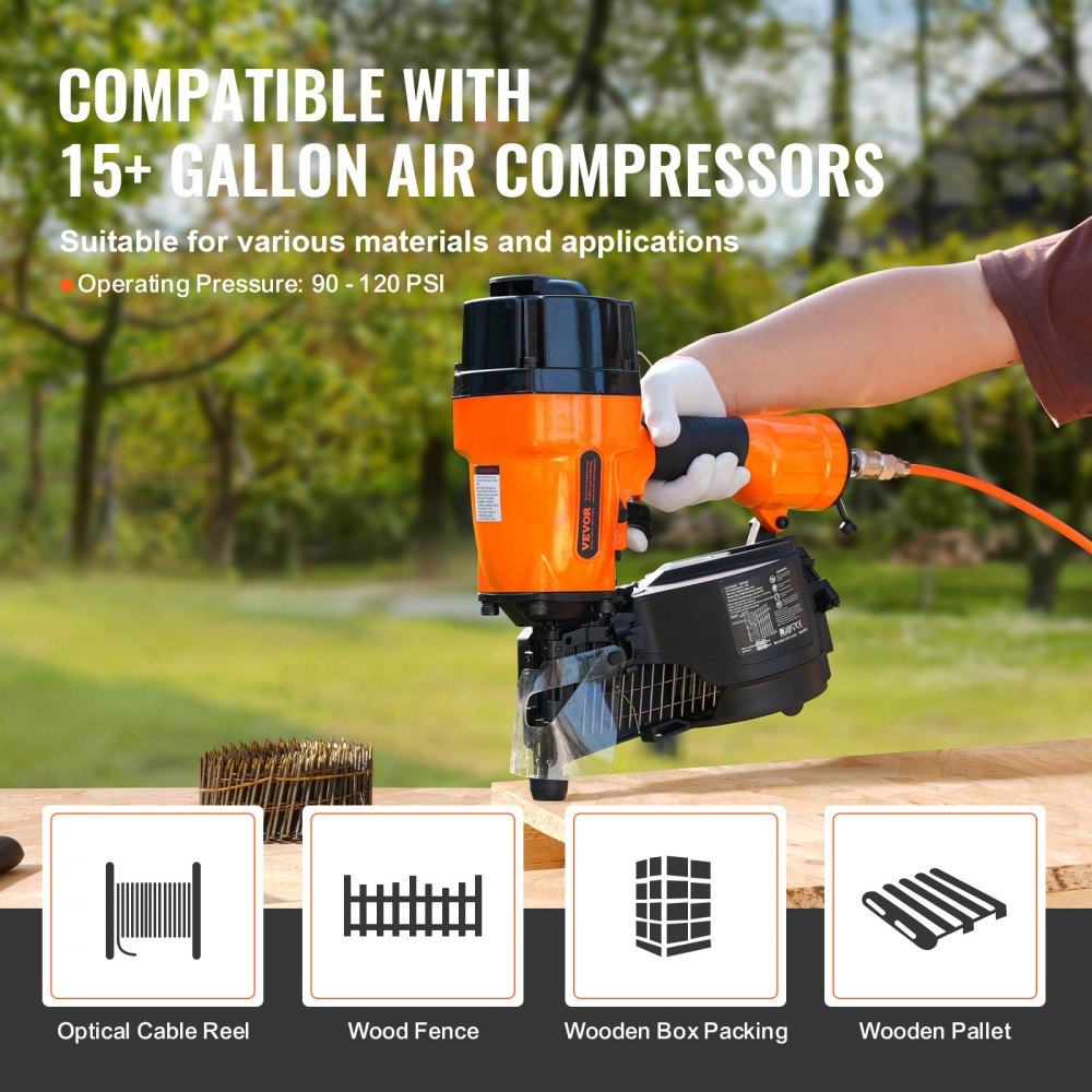 Orange Bostome MCN90 15-degree coil framing nailer held by gloved hand driving nail into wood, with compatibility icons below.