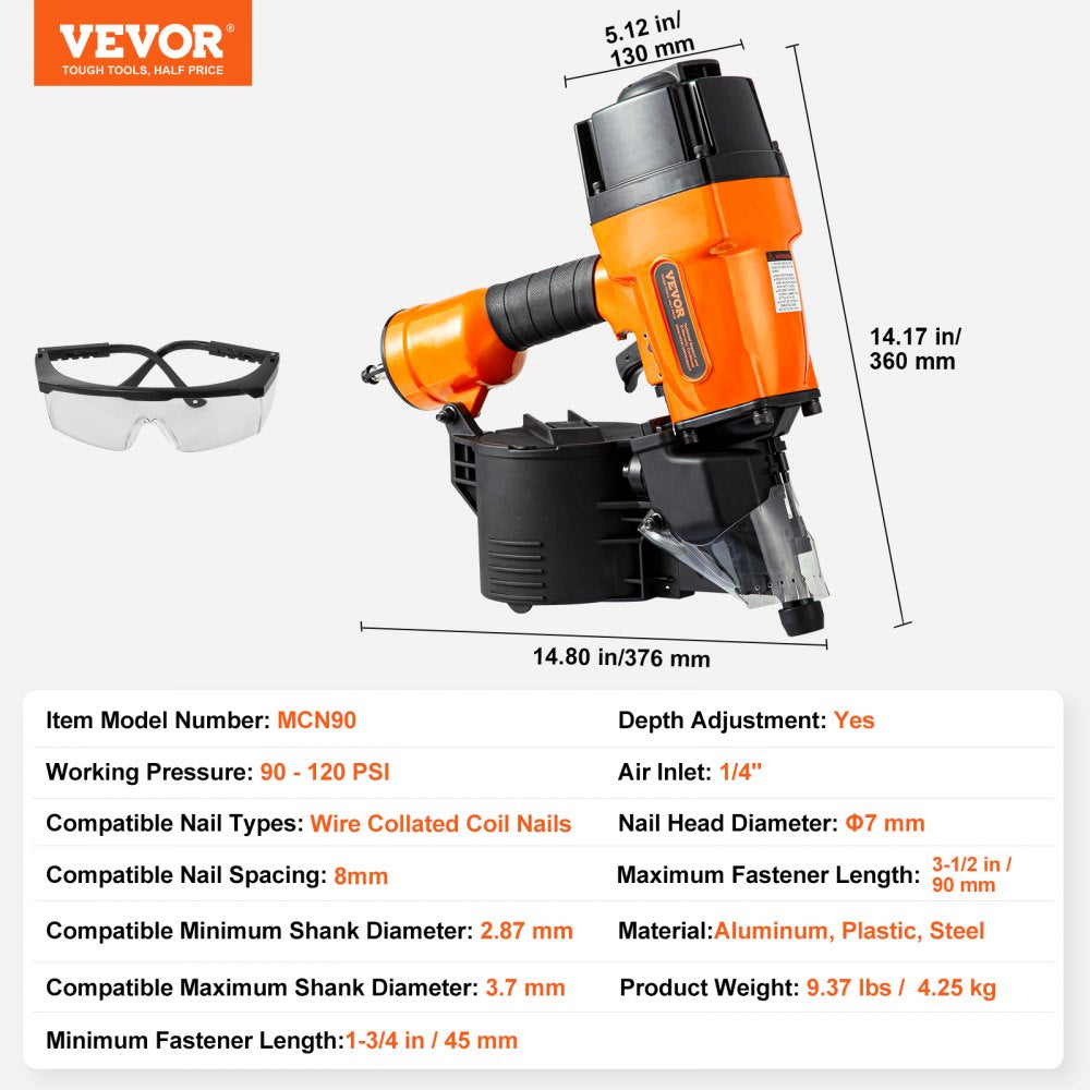 Orange Bostome MCN90 15-degree coil framing nailer with ergonomic grip and depth adjustment dial.