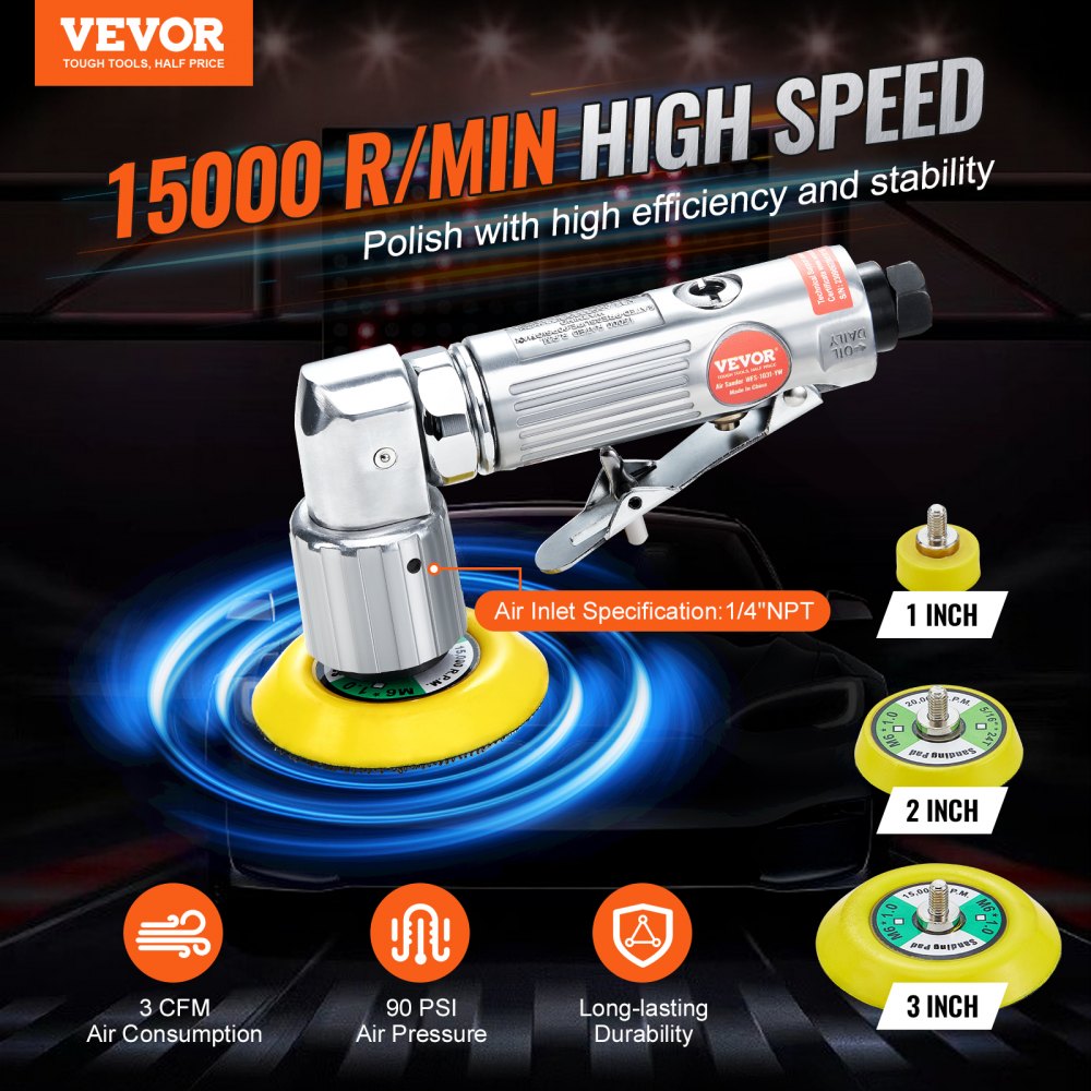 1/2/3 Inch Random Orbital Air Sander, High-Speed 15000RPM Mini Pneumatic Sander for Auto Body Work, 58PCS Air Powered Sander Kit with Sandpapers, Wool Pad, Wavy Sponges