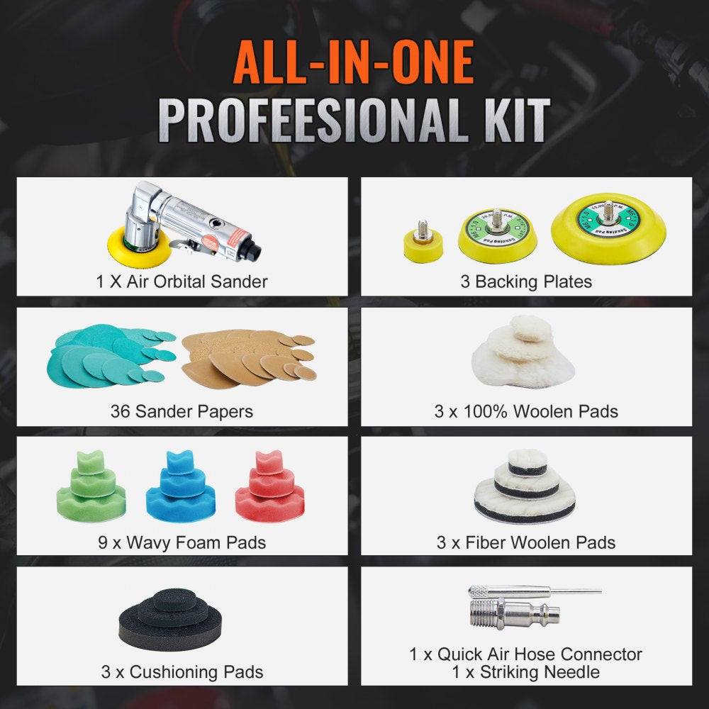 1/2/3 Inch Random Orbital Air Sander, High-Speed 15000RPM Mini Pneumatic Sander for Auto Body Work, 58PCS Air Powered Sander Kit with Sandpapers, Wool Pad, Wavy Sponges