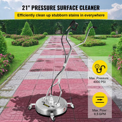 Pressure Washer Surface Cleaner, 21``, Max. 4000 PSI Pressure by 3 Nozzles for Cleaning Driveways, Sidewalks, Stainless Steel Frame w/Rotating Dual Handle, Wheels, Fit for 3/8`` Quick Connector