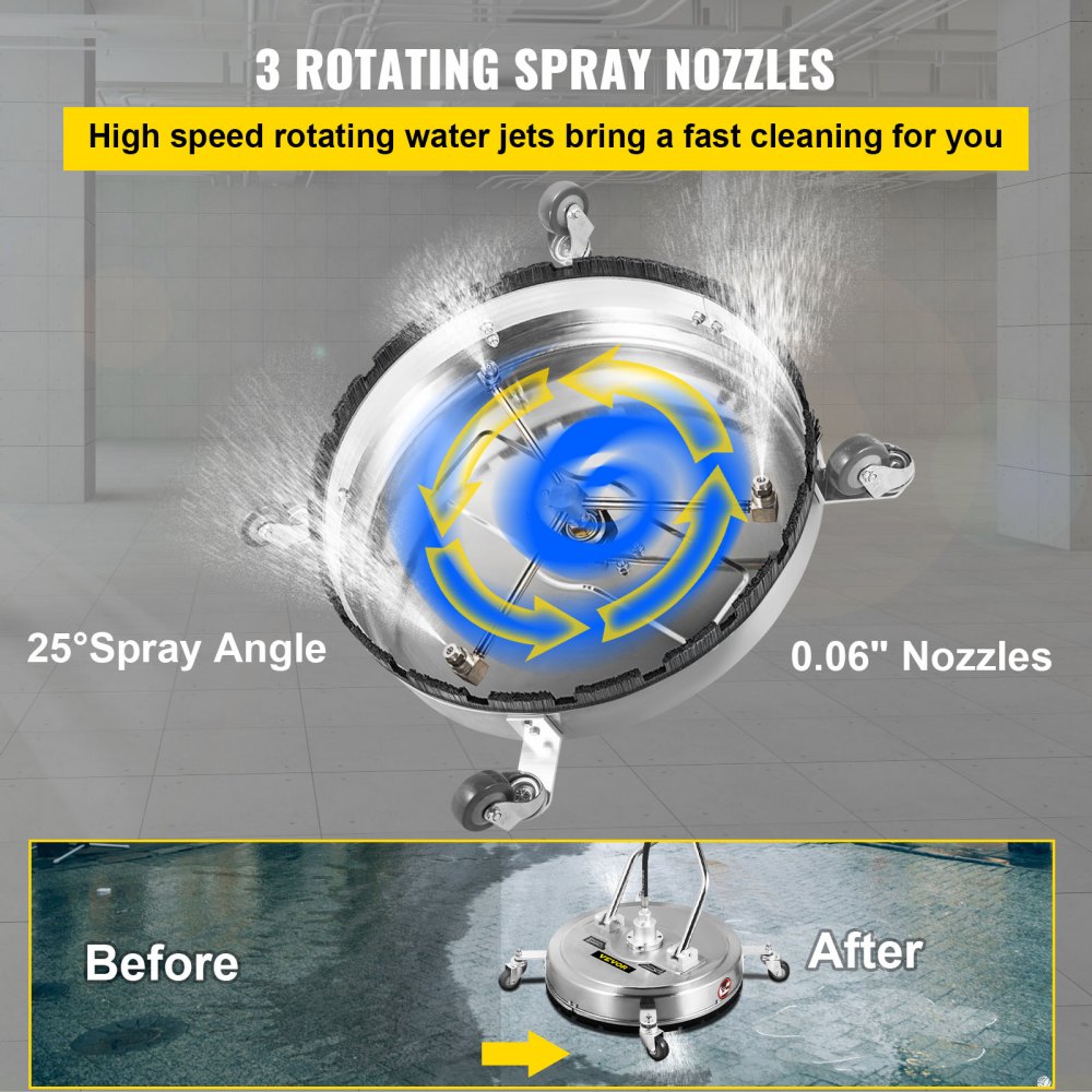 Pressure Washer Surface Cleaner, 21``, Max. 4000 PSI Pressure by 3 Nozzles for Cleaning Driveways, Sidewalks, Stainless Steel Frame w/Rotating Dual Handle, Wheels, Fit for 3/8`` Quick Connector
