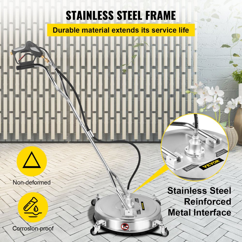 Pressure Washer Surface Cleaner, 21``, Max. 4000 PSI Pressure by 3 Nozzles for Cleaning Driveways, Sidewalks, Stainless Steel Frame w/Rotating Dual Handle, Wheels, Fit for 3/8`` Quick Connector