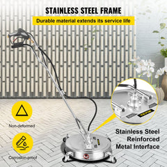 Pressure Washer Surface Cleaner, 21``, Max. 4000 PSI Pressure by 3 Nozzles for Cleaning Driveways, Sidewalks, Stainless Steel Frame w/Rotating Dual Handle, Wheels, Fit for 3/8`` Quick Connector