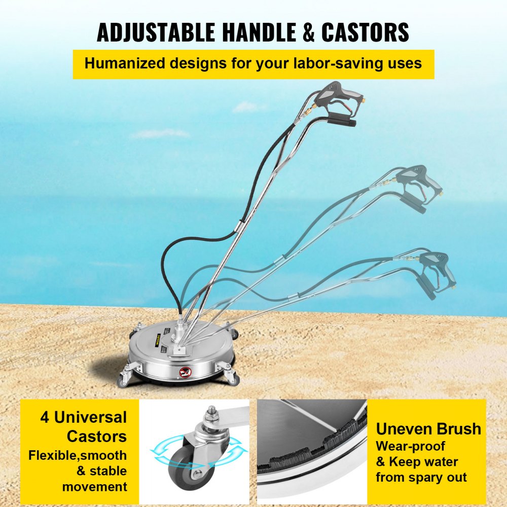 Pressure Washer Surface Cleaner, 21``, Max. 4000 PSI Pressure by 3 Nozzles for Cleaning Driveways, Sidewalks, Stainless Steel Frame w/Rotating Dual Handle, Wheels, Fit for 3/8`` Quick Connector