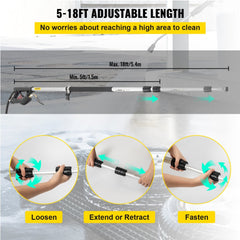 Telescoping Pressure Washer Wand, 18ft Length Adjustable Power Washer Extension Wand, 4000PSI 9GPM Power Cleaning Tools w/ Strap Belt, 5 Nozzle Tips, 3/8`` & 1/4`` Quick Connectors, Silver/Black