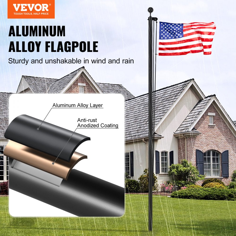 25FT Detachable Flagpole Kit Heavy Duty Aluminum Flag Pole American Black
