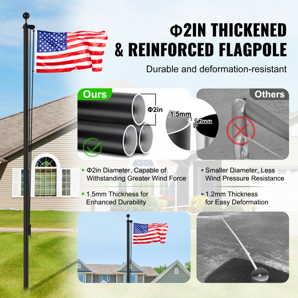 25FT Detachable Flagpole Kit Heavy Duty Aluminum Flag Pole American Black