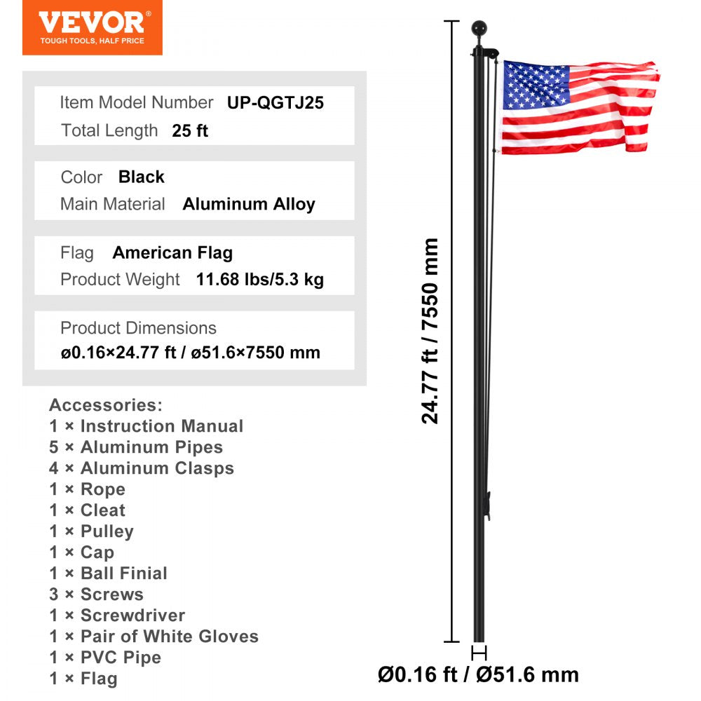 25FT Detachable Flagpole Kit Heavy Duty Aluminum Flag Pole American Black