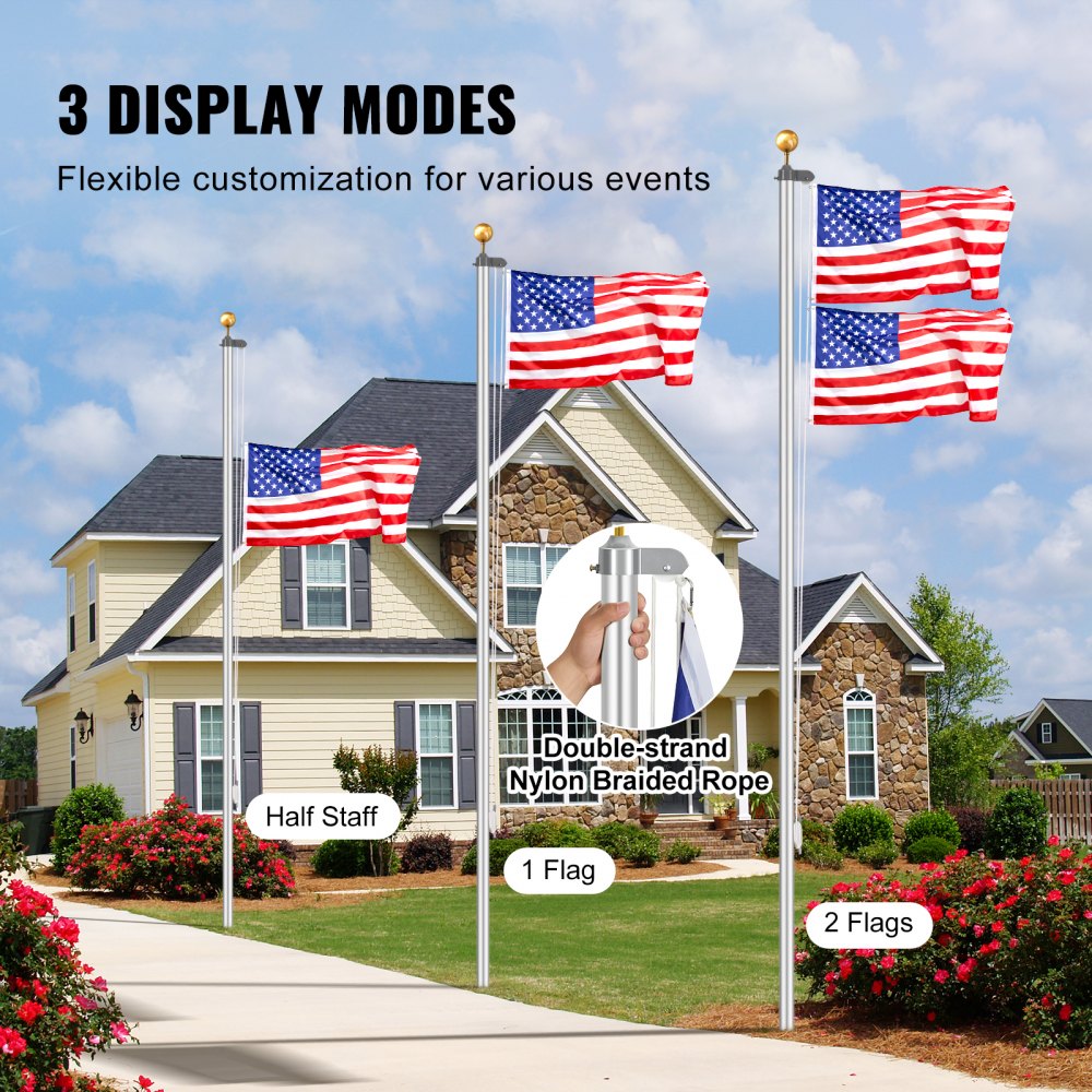 25FT Detachable Flagpole Kit Heavy Duty Aluminum Flag Pole American Silver