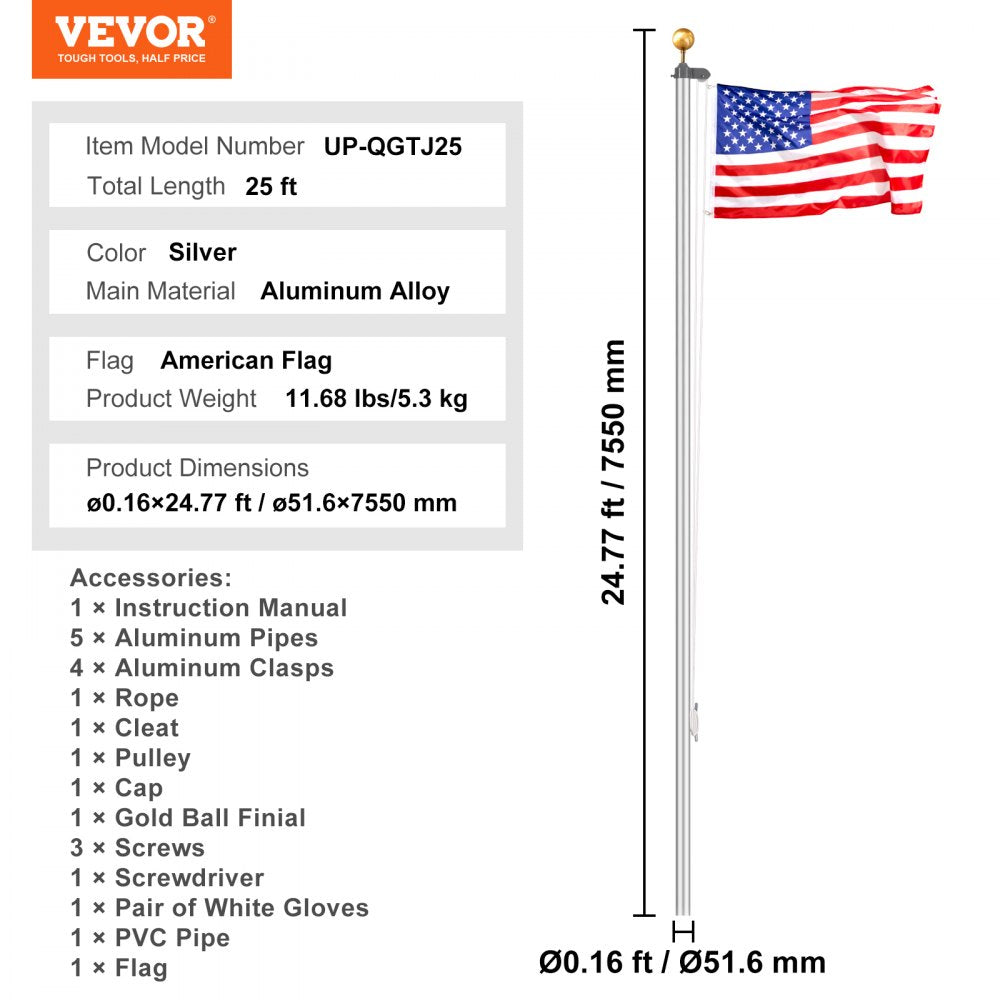 25FT Detachable Flagpole Kit Heavy Duty Aluminum Flag Pole American Silver
