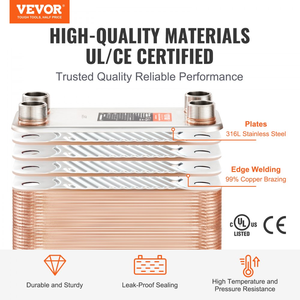 Heat Exchanger, 5"x 12" 50 Plates Brazed Plate Heat Exchanger, Copper/316L Stainless Steel Water To Water Heat Exchanger For Floor Heating, Water Heating, Snow Melting, Beer Cooling