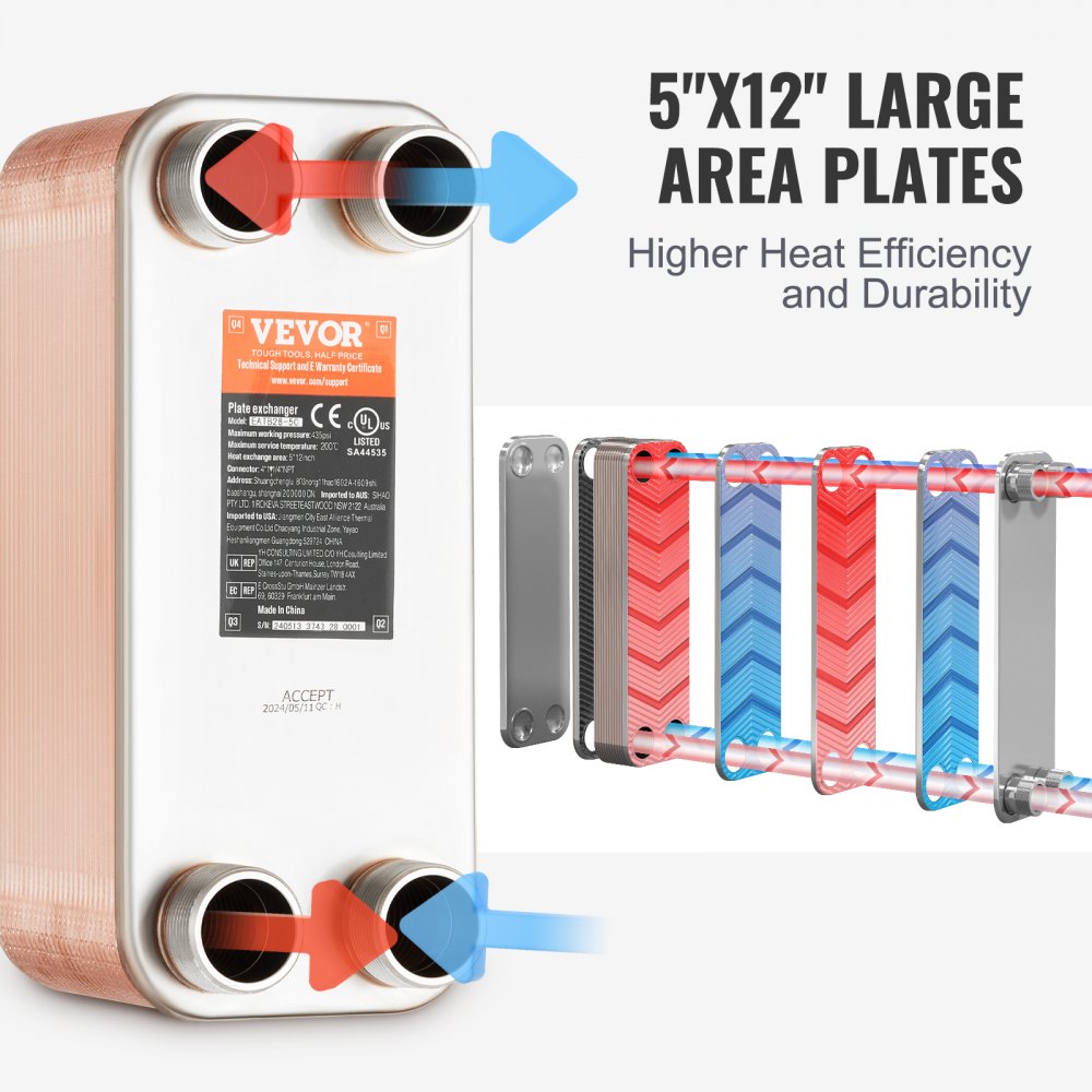 Heat Exchanger, 5"x 12" 50 Plates Brazed Plate Heat Exchanger, Copper/316L Stainless Steel Water To Water Heat Exchanger For Floor Heating, Water Heating, Snow Melting, Beer Cooling