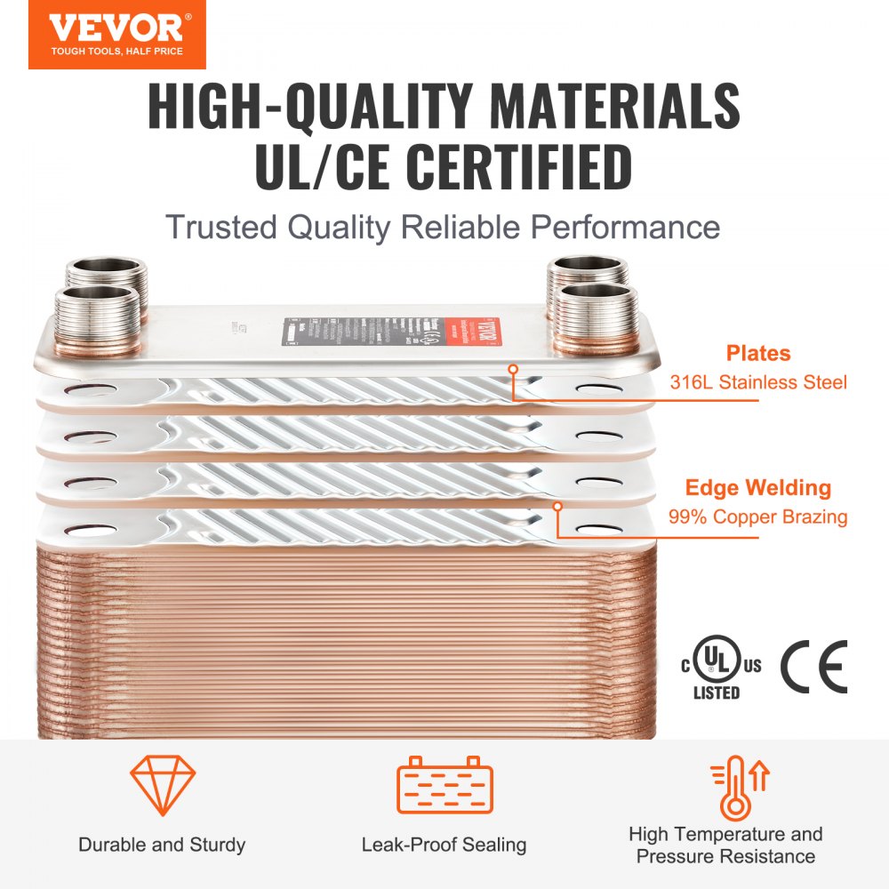Heat Exchanger, 5"x 12" 80 Plates Brazed Plate Heat Exchanger, Copper/316L Stainless Steel Water To Water Heat Exchanger For Floor Heating, Water Heating, Snow Melting, Beer Cooling