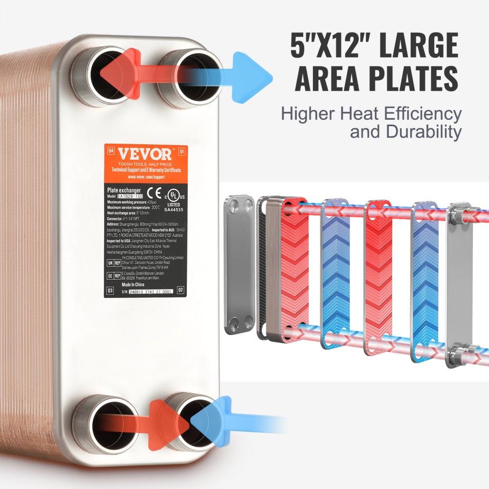 Heat Exchanger, 5"x 12" 80 Plates Brazed Plate Heat Exchanger, Copper/316L Stainless Steel Water To Water Heat Exchanger For Floor Heating, Water Heating, Snow Melting, Beer Cooling