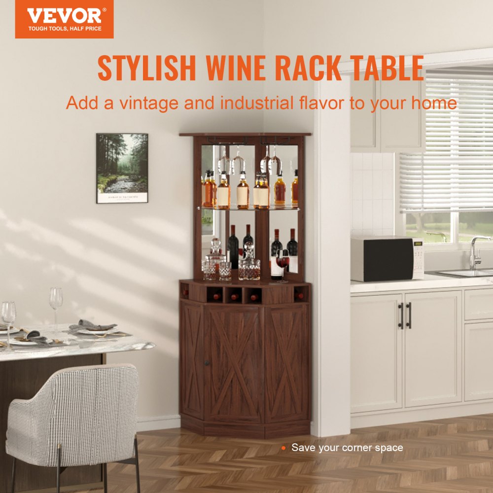 Corner Industrial Bar Cabinet, Wine Table for Liquor & Glasses, Sideboard Buffet Cabinet with Glass Holder, Freestanding Farmhouse Wood Coffee Bar Cabinet for Living Room, Home Bar, Black Walnut