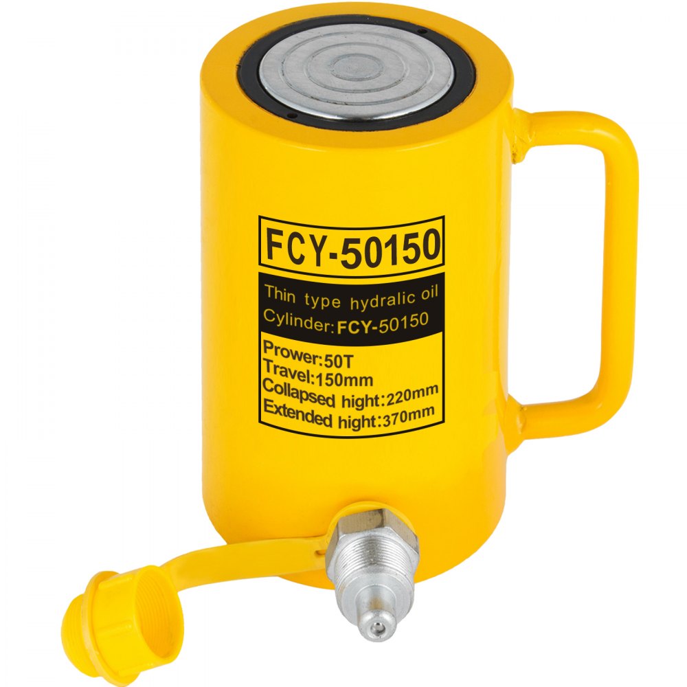 Yellow single-acting hydraulic cylinder with handle and silver top for heavy lifting tasks.