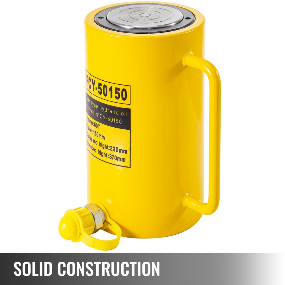 Yellow 50-ton hydraulic cylinder with handle and quick-connect head with dust cover.