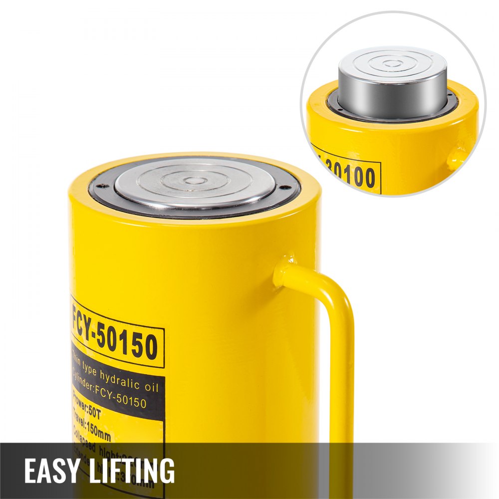 Yellow Bostome 50T hydraulic cylinder with handle and silver piston top for heavy lifting tasks