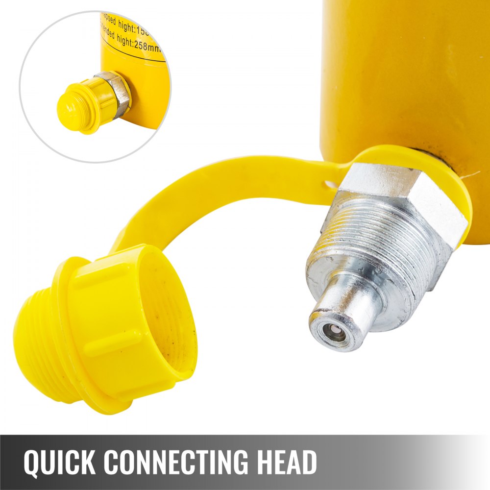 Close-up of Bostome 50T hydraulic cylinder quick connecting head with yellow dust cover open.