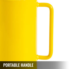 Yellow hydraulic cylinder with a sturdy portable handle and smooth finish.