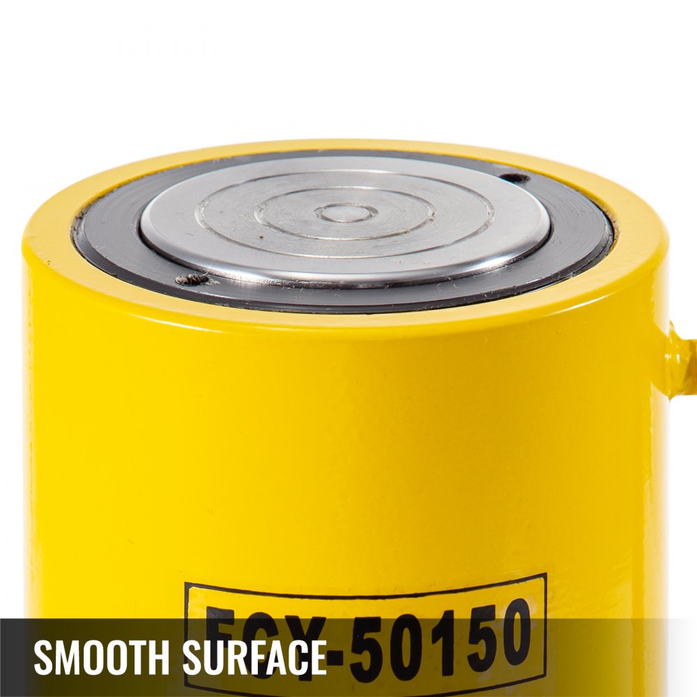 Yellow 50-ton single-acting hydraulic cylinder with 6-inch stroke and smooth surface.