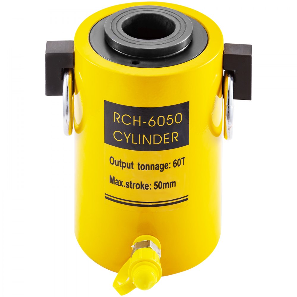 Yellow 60-ton hollow single-acting hydraulic cylinder jack with 50mm max stroke.