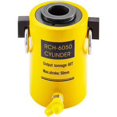 Yellow 60-ton hollow single-acting hydraulic cylinder jack with 50mm max stroke.