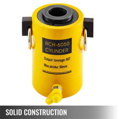 Yellow 60-ton hollow single-acting hydraulic cylinder jack with 50mm stroke.