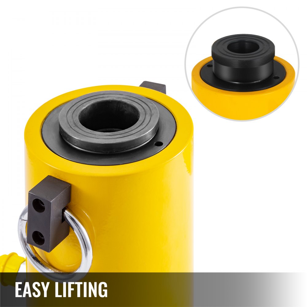 Yellow 60-ton hollow hydraulic cylinder jack with 2-inch ram and black mounting ring.