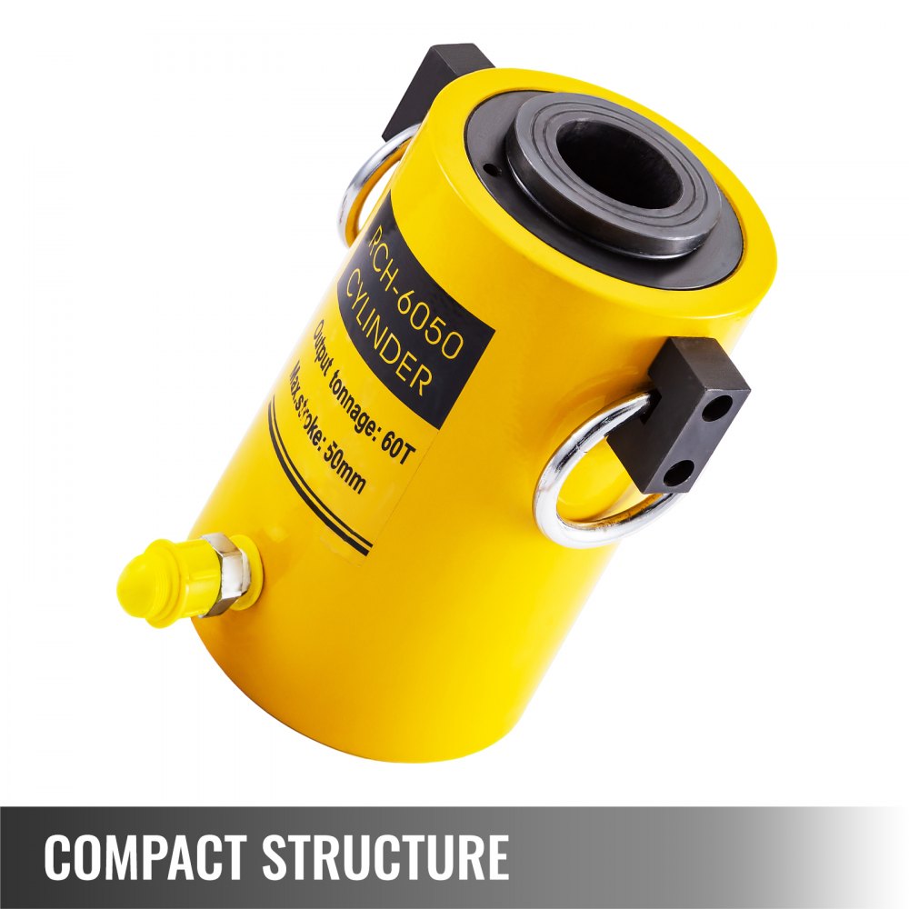 Yellow 60-ton hollow hydraulic cylinder jack with 2-inch stroke and compact structure.