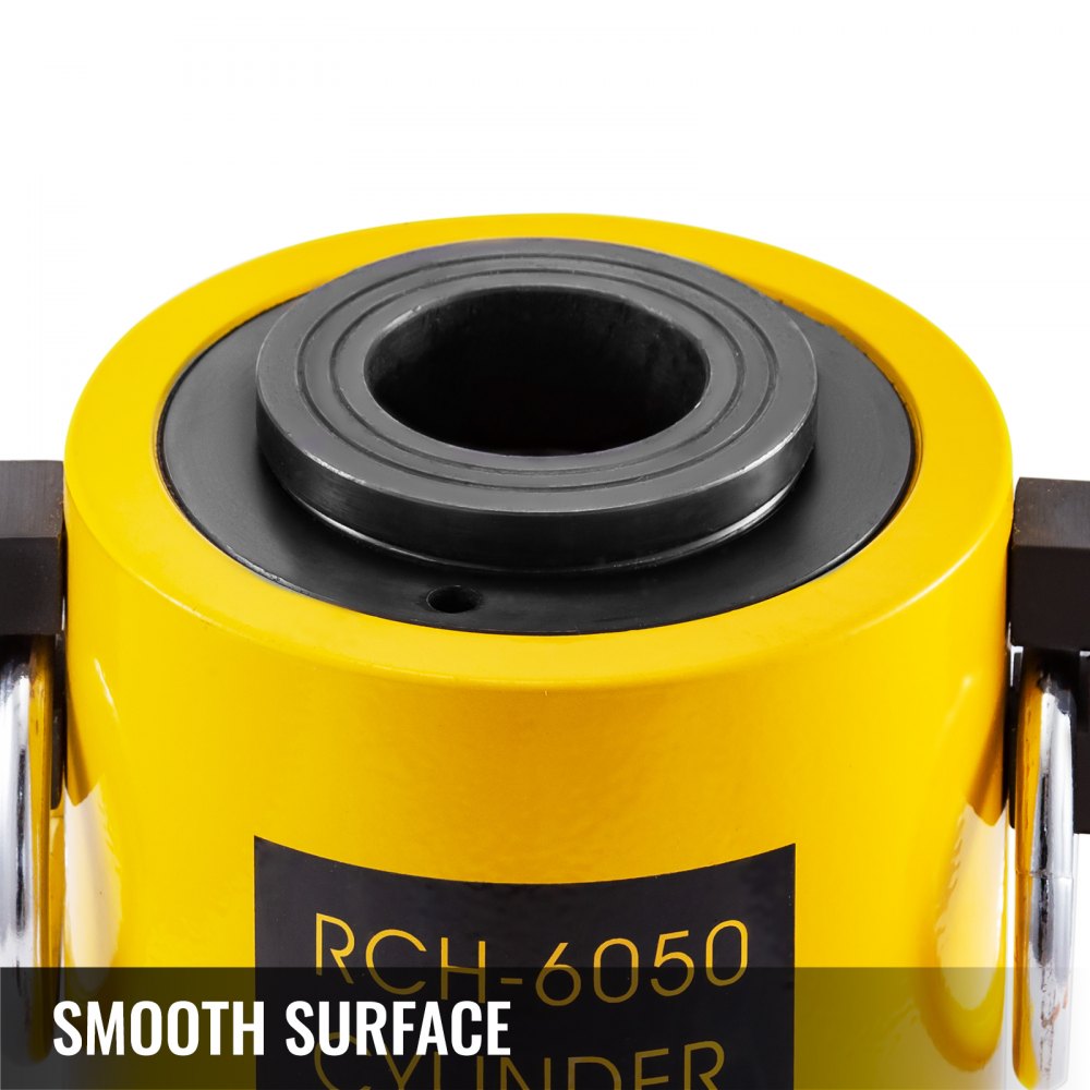 Yellow 60-ton hollow hydraulic cylinder jack with smooth surface and black accents.
